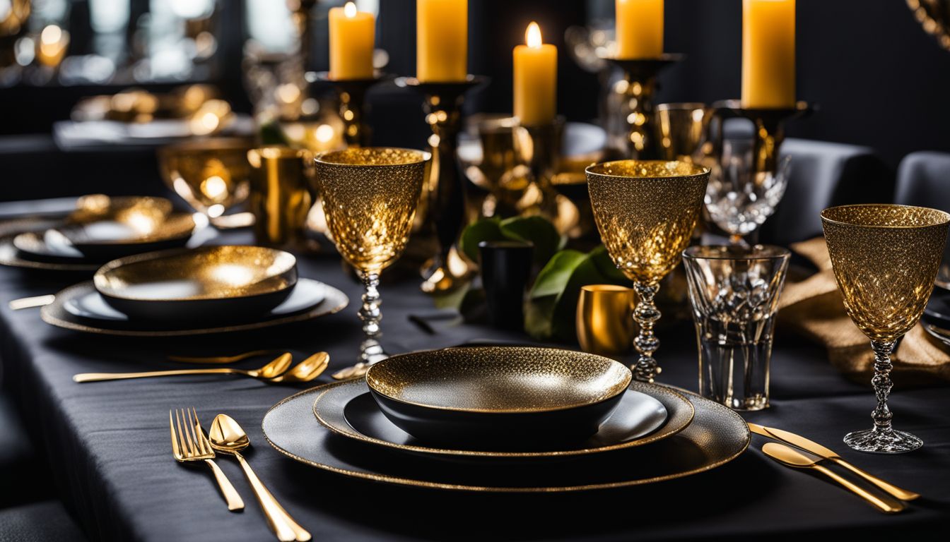 Sumptuous table setting with diverse people, outfits, and elegant décor.