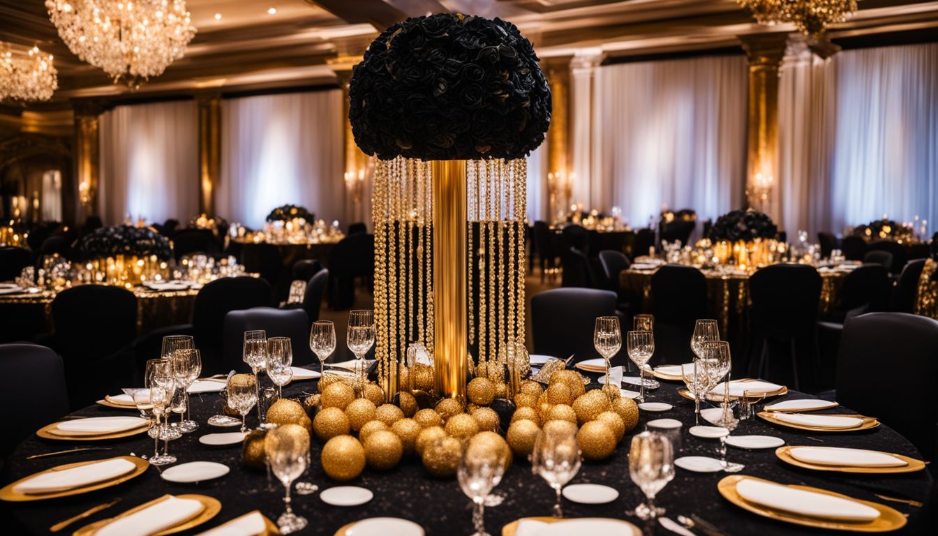 A photo of tall black vases filled with gold balls.