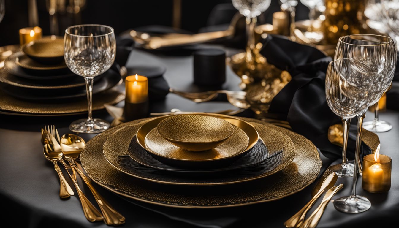 Elegant table setting with varied people and outfits, captured in detail.