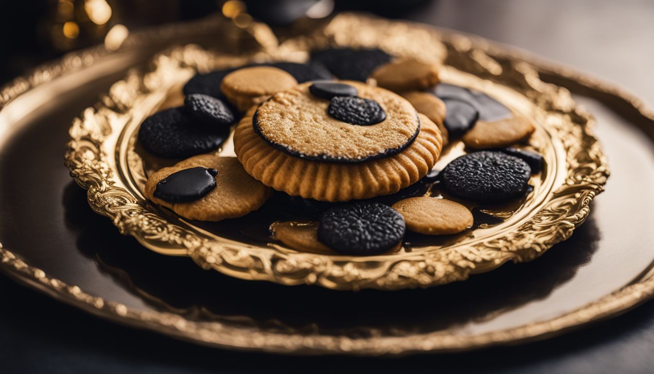 Close-up of a black and gold cookie on an elegant party platter.