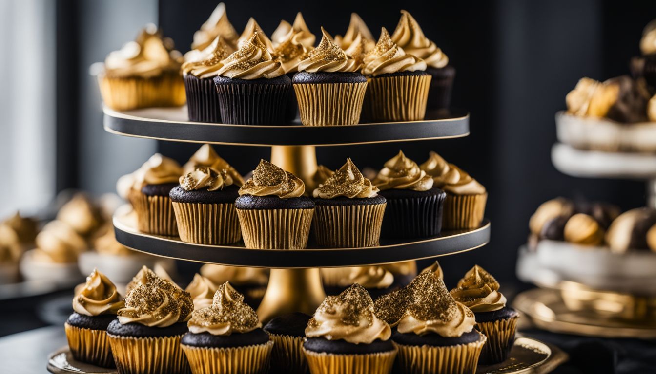 A tiered display of gold and black cupcakes with various decorations.