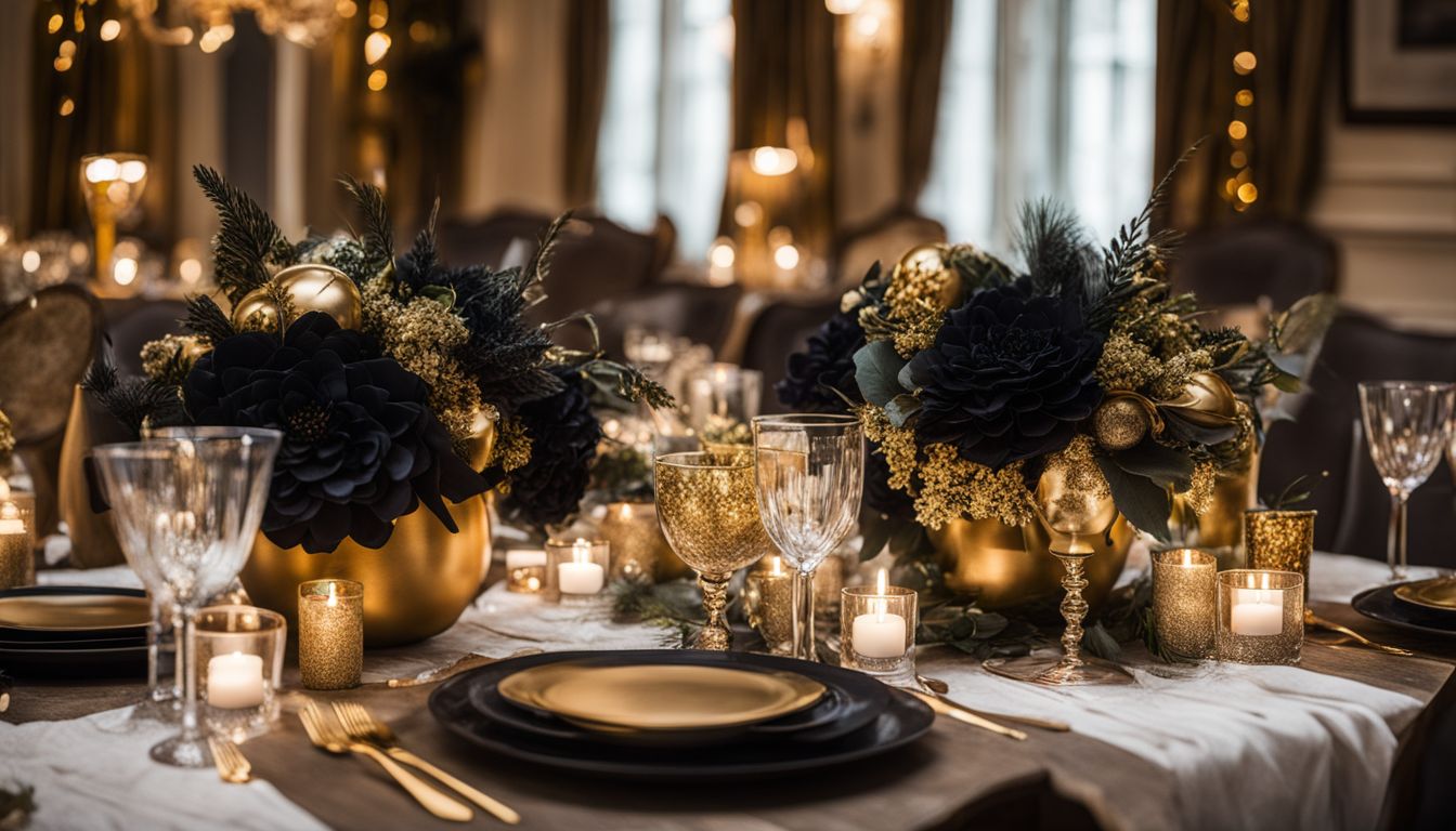 A beautifully decorated table surrounded by matching party decorations and diverse people.