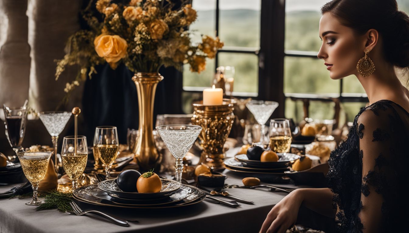 A stylishly set table with black and gold dishes and drinks.