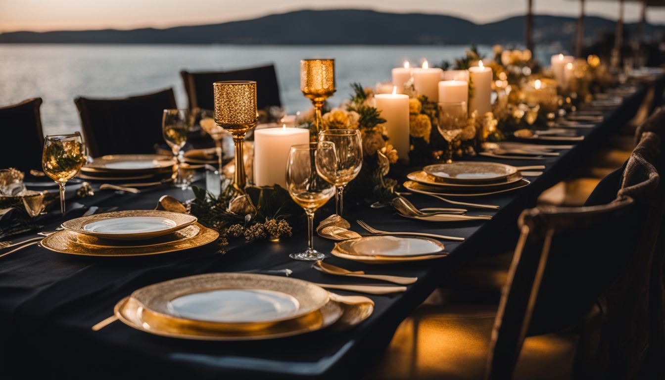A beautifully set table with gold plates and black tablecloth.