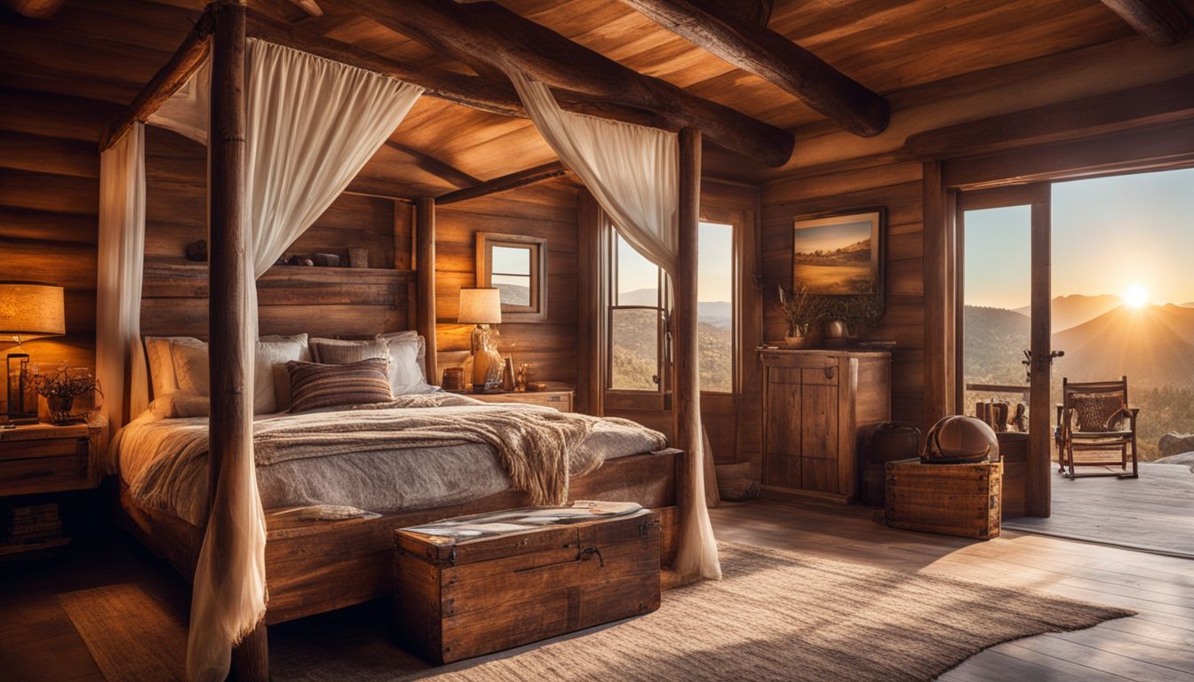Cozy Western bedroom with wooden canopy bed and rustic decor.