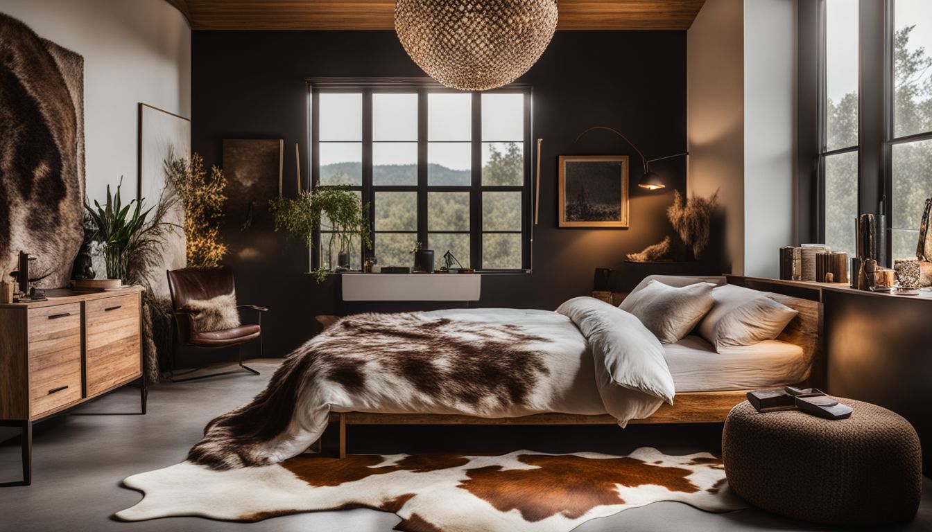 A rustic bedroom with cowhide rug, wooden bed, and cozy blankets.