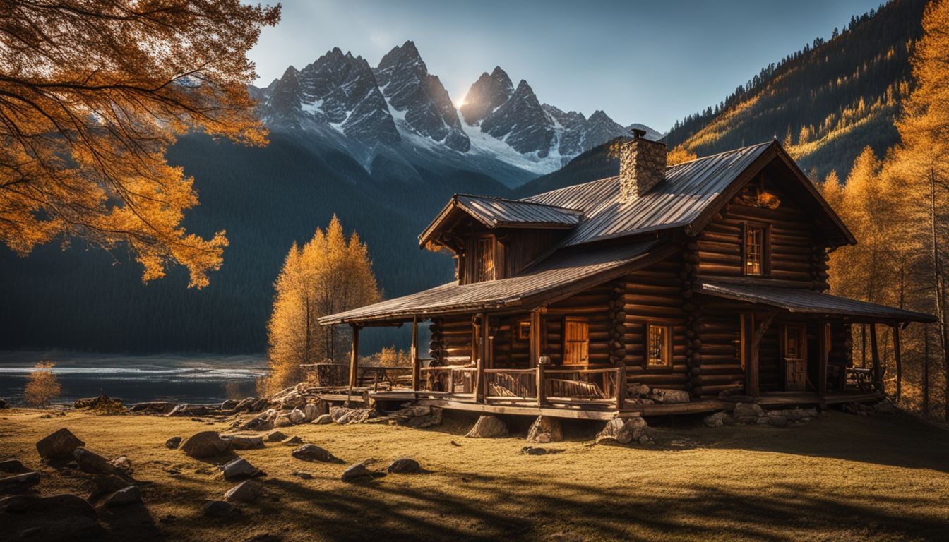 A cozy wooden cabin in the mountains surrounded by beautiful scenery.