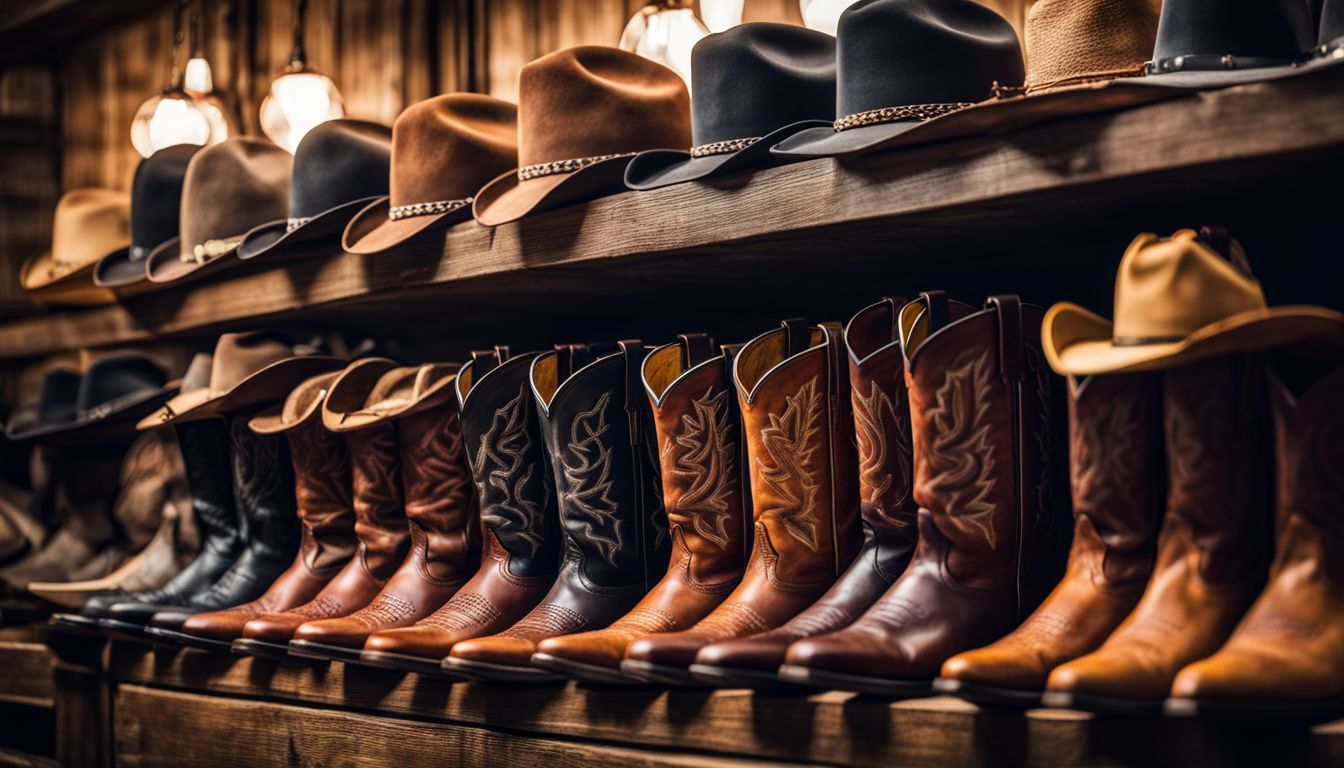 A collection of Western-themed cowboy boots and hats on a shelf.