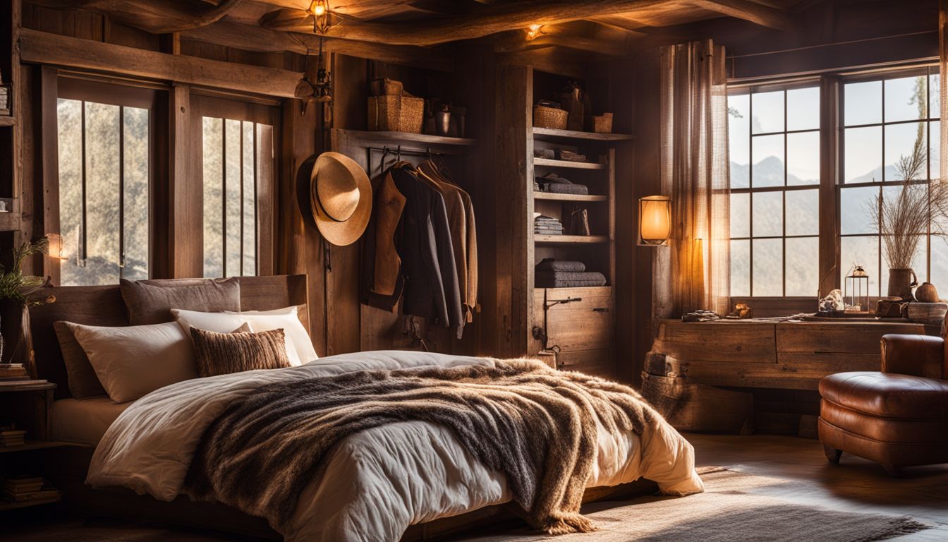 Cozy Western bedroom with rustic pendant lighting and inviting atmosphere.