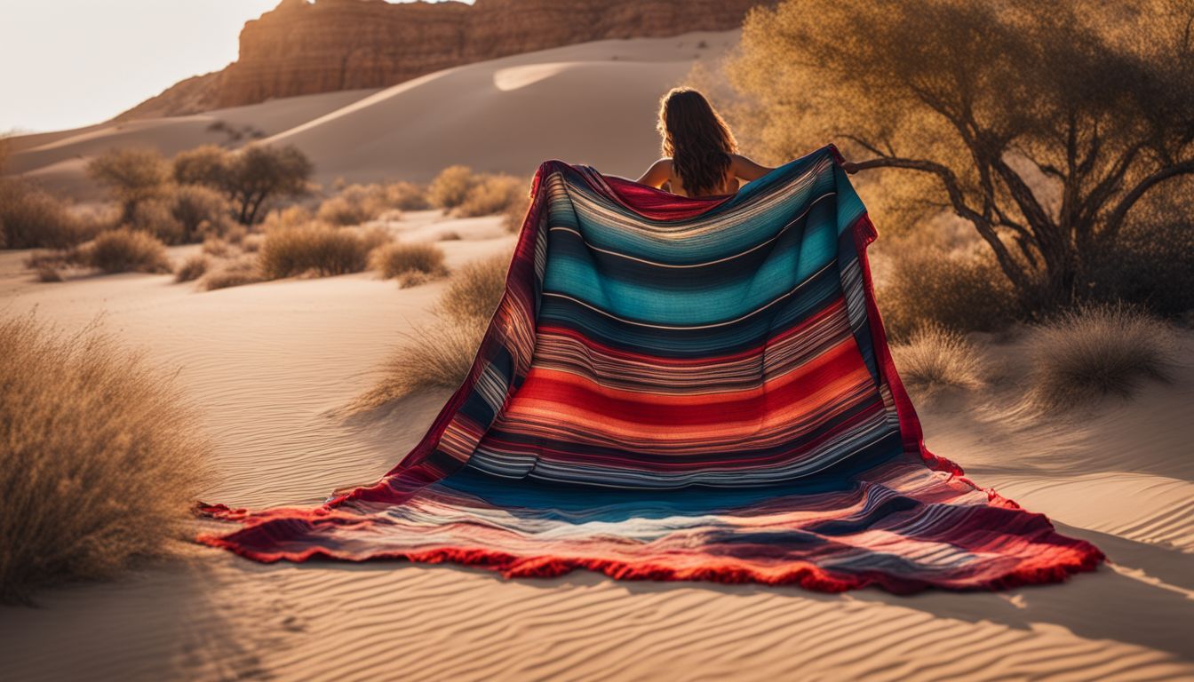 A colorful Mexican blanket in a desert landscape with diverse people.