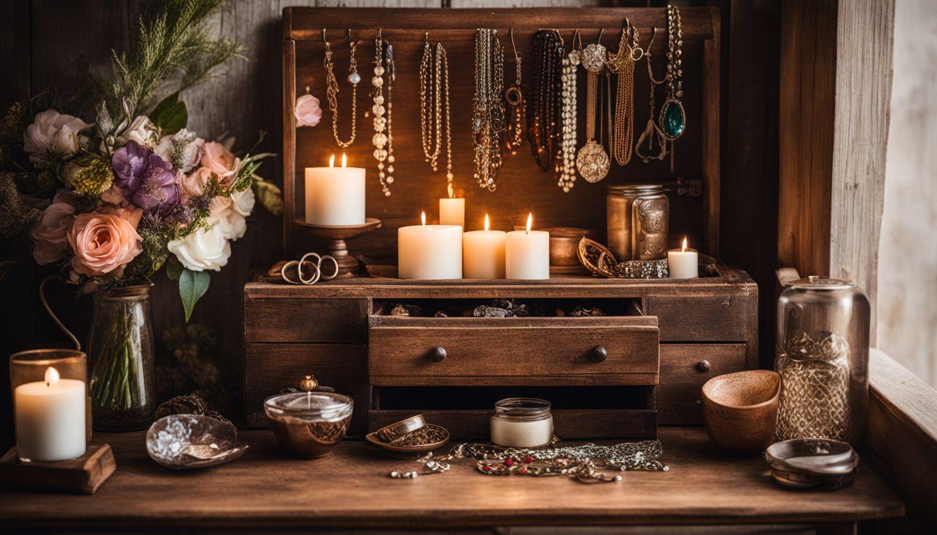 A photo of a rustic jewelry organizer with vintage jewelry.