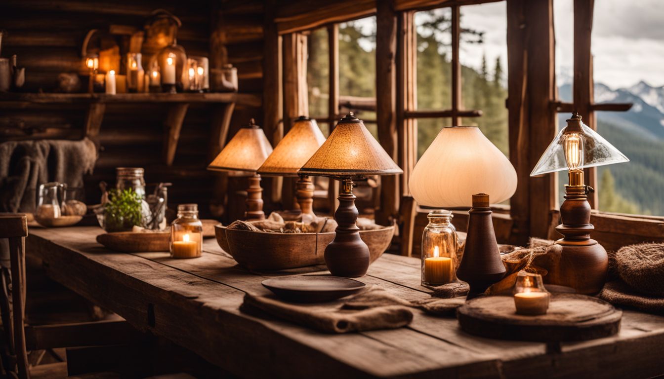 A cozy cabin interior with rustic lamps on a wooden table.