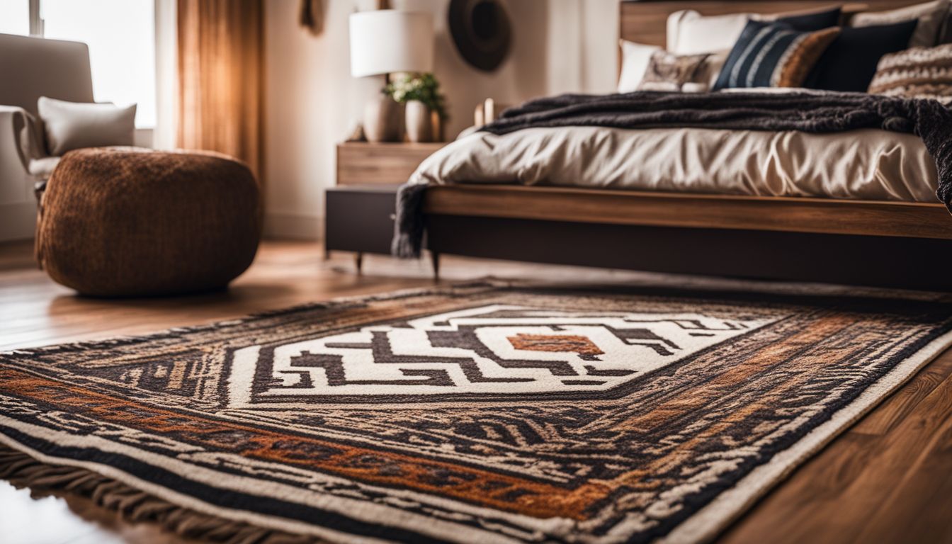 A photo of a tribal motif rug in a western style bedroom.