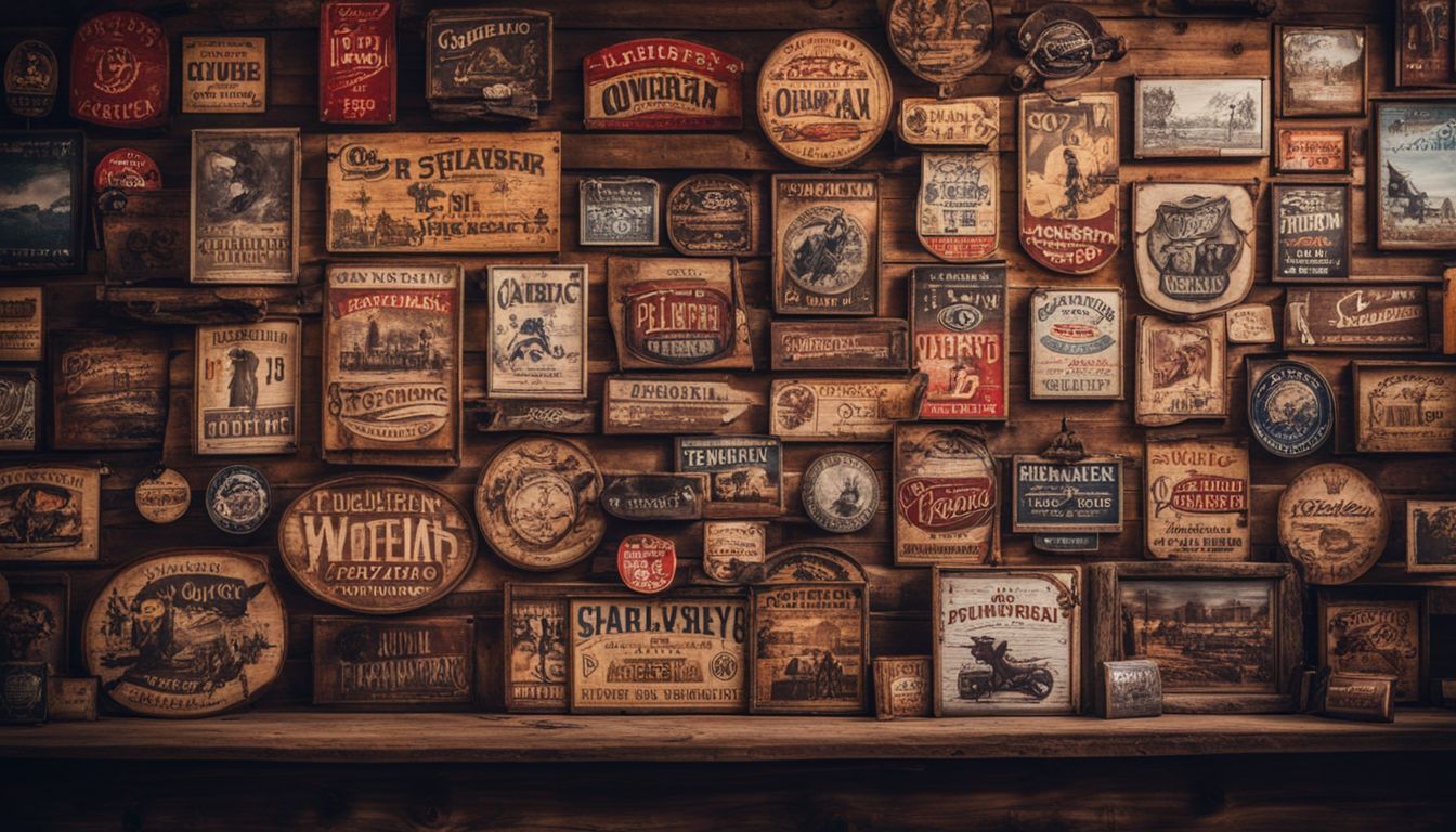 Rustic wooden wall adorned with vintage cowboy tin signs and cityscape photography.