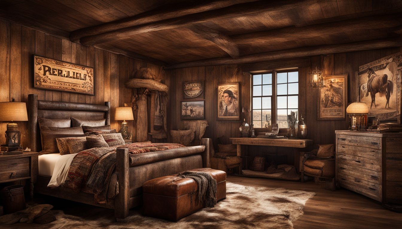 A detailed western-themed bedroom with various decorative elements and styles.