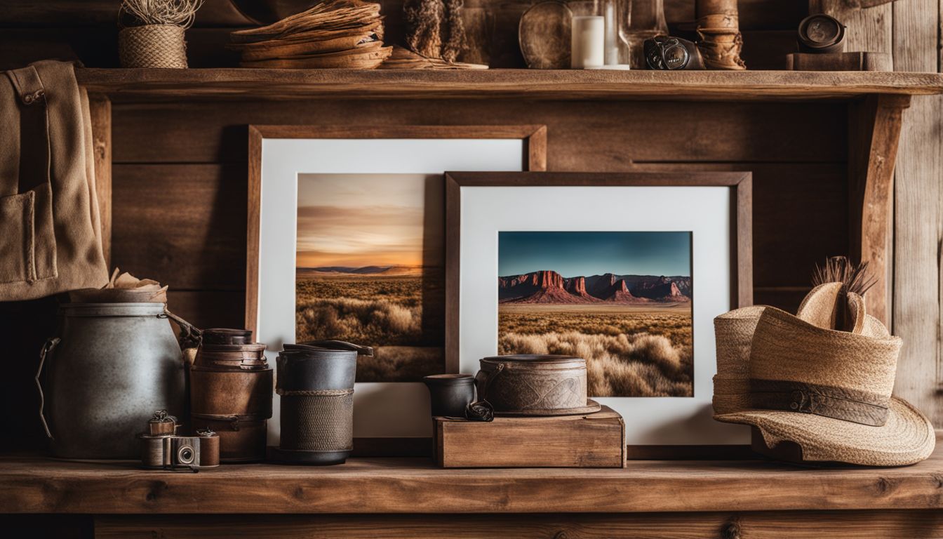 Western-themed rustic wooden shelf with accessories, surrounded by diverse artwork.