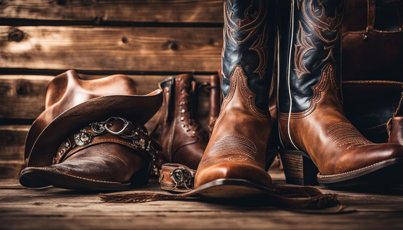 A close-up photo of cowboy boots surrounded by western-themed accessories.
