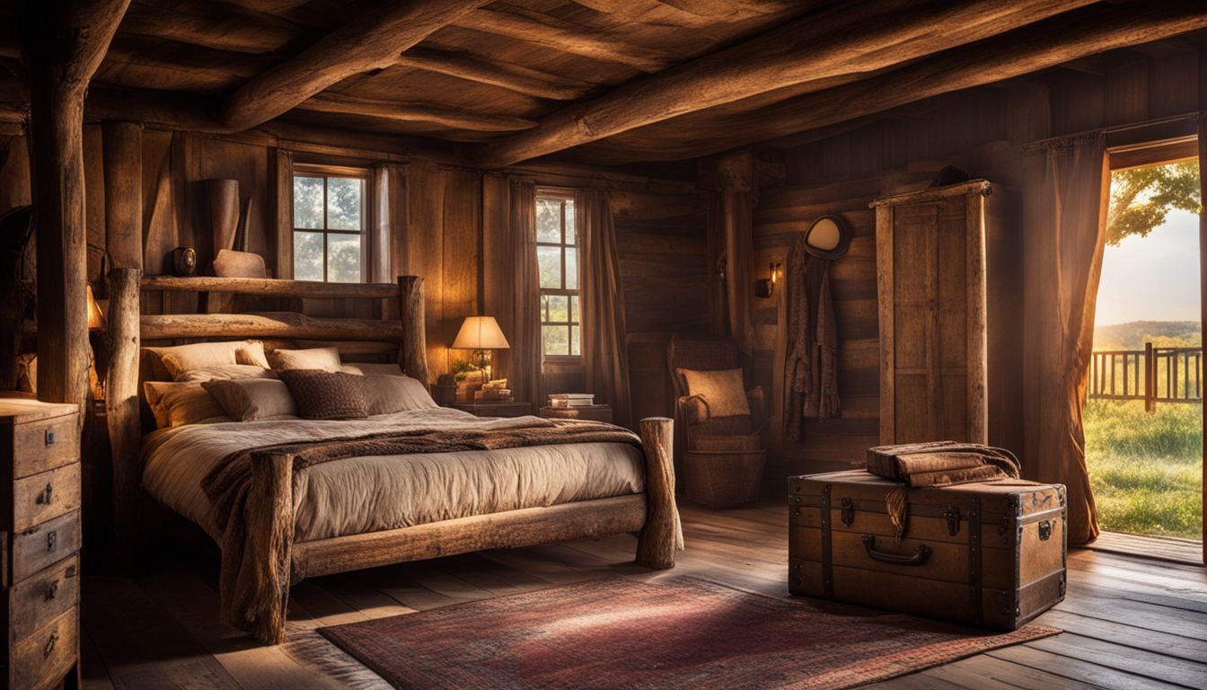 Rustic western-style bedroom with vintage trunks and distressed wood furniture.