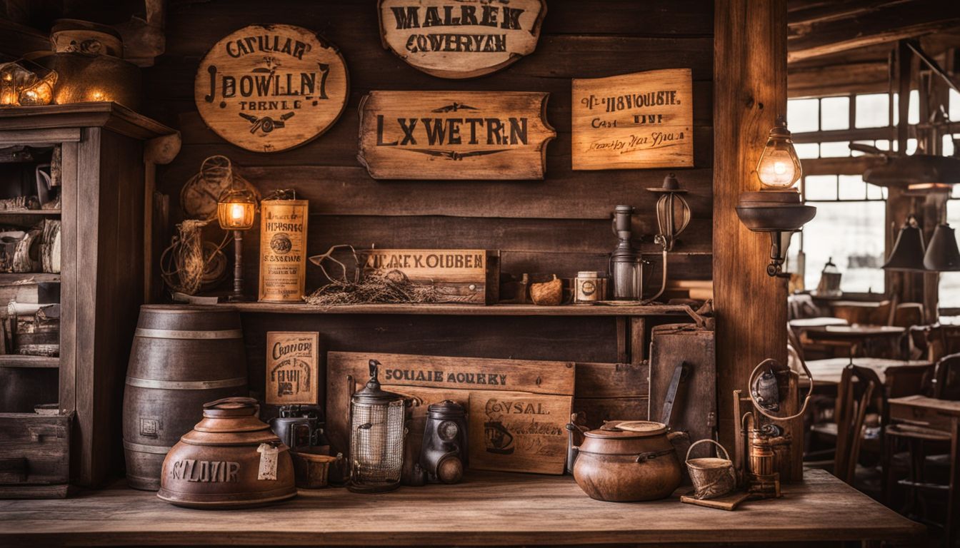 A rustic cowboy-themed still life photograph with a vintage wooden sign.