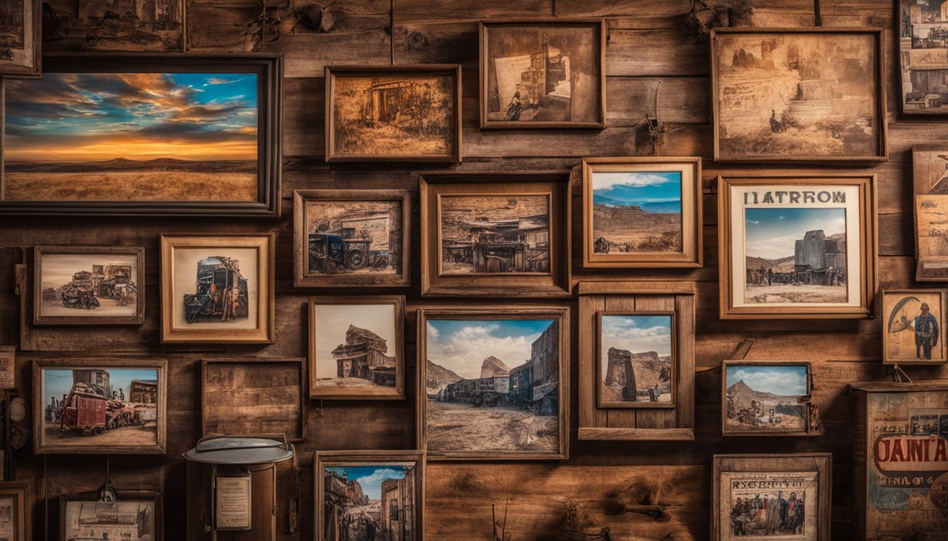 A rustic wooden wall with a collage of vintage Western-themed artwork and tin signs.