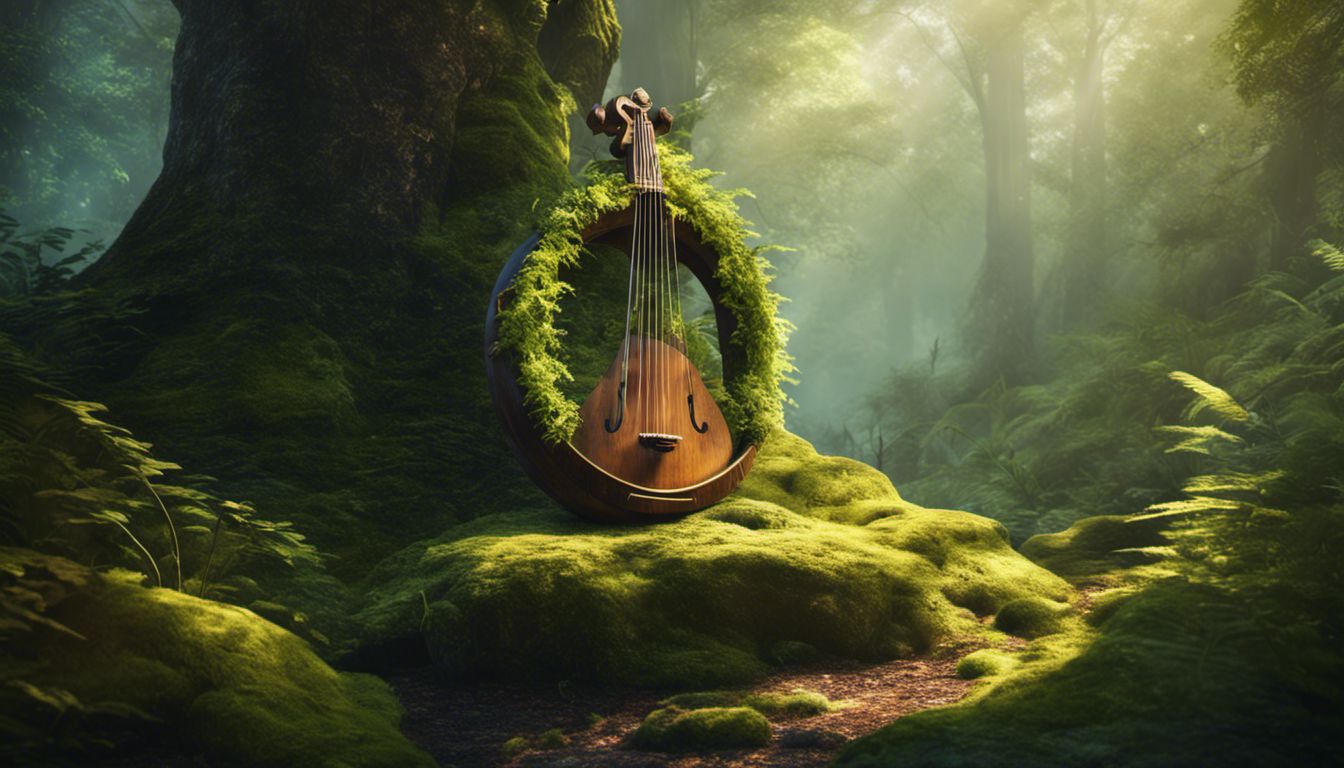 Ancient lyre on mossy stone in mystical forest exudes enchantment.