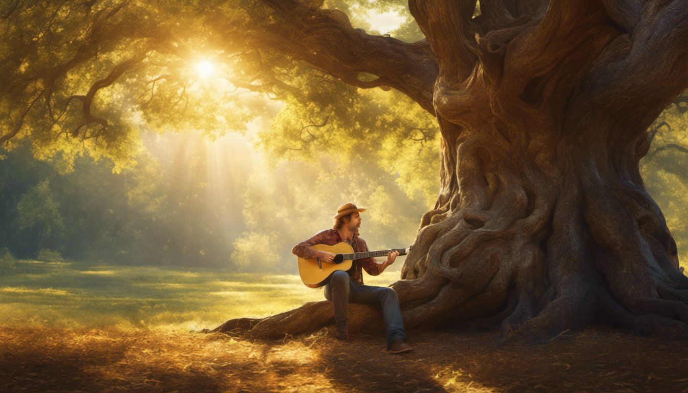 A Caucasian musician playing guitar under a peaceful oak tree.