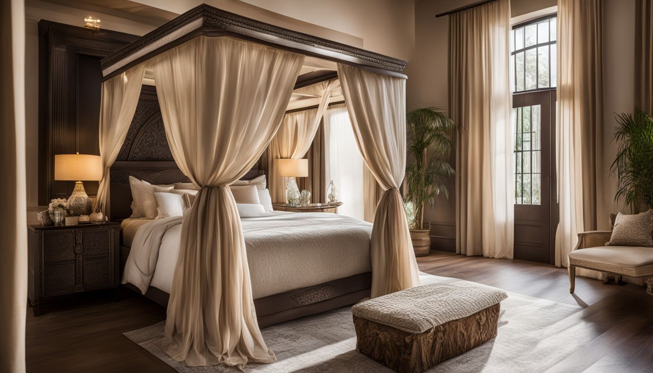 An Egyptian-inspired bedroom with a canopy bed and flowing draperies.