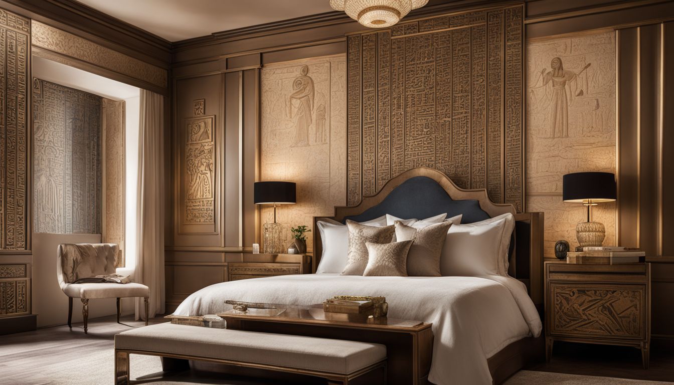 Egyptian-inspired bedroom with luxurious bed and intricate hieroglyphic wallpaper.