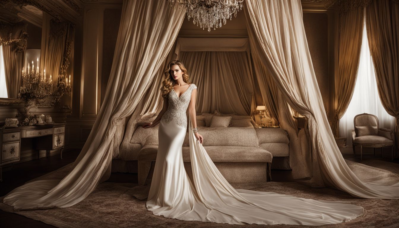 Elegant woman poses in opulent bedroom with various styles and outfits.
