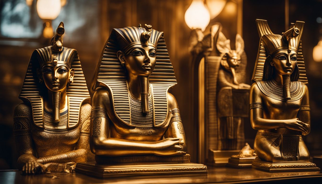 Photo of Egyptian god statues on golden shelf, creating ancient vibe.