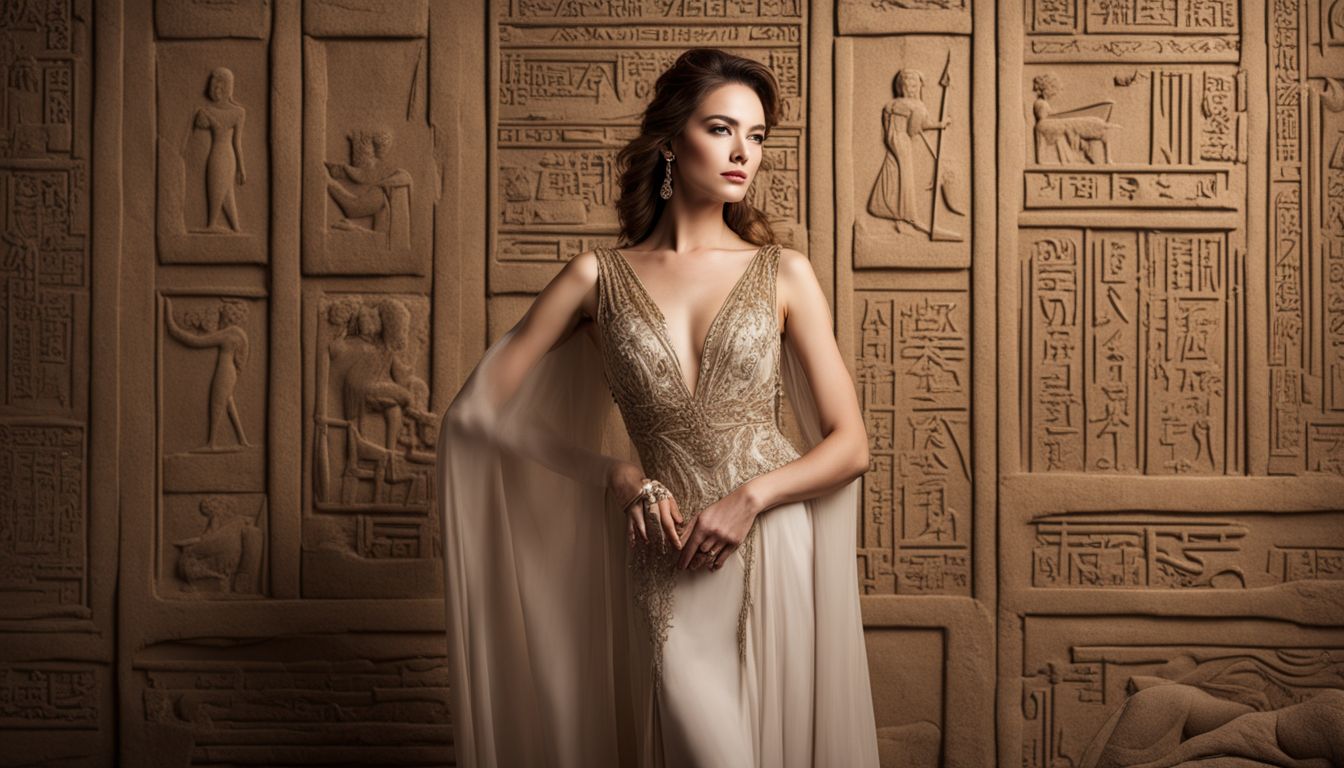 An elegant woman posing confidently in front of ancient hieroglyphics.