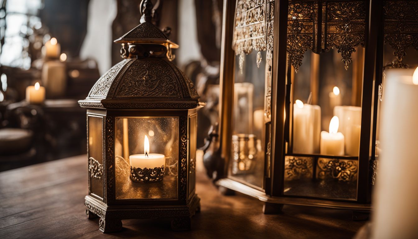 An Egyptian-inspired lantern surrounded by candles creates a mystical atmosphere.