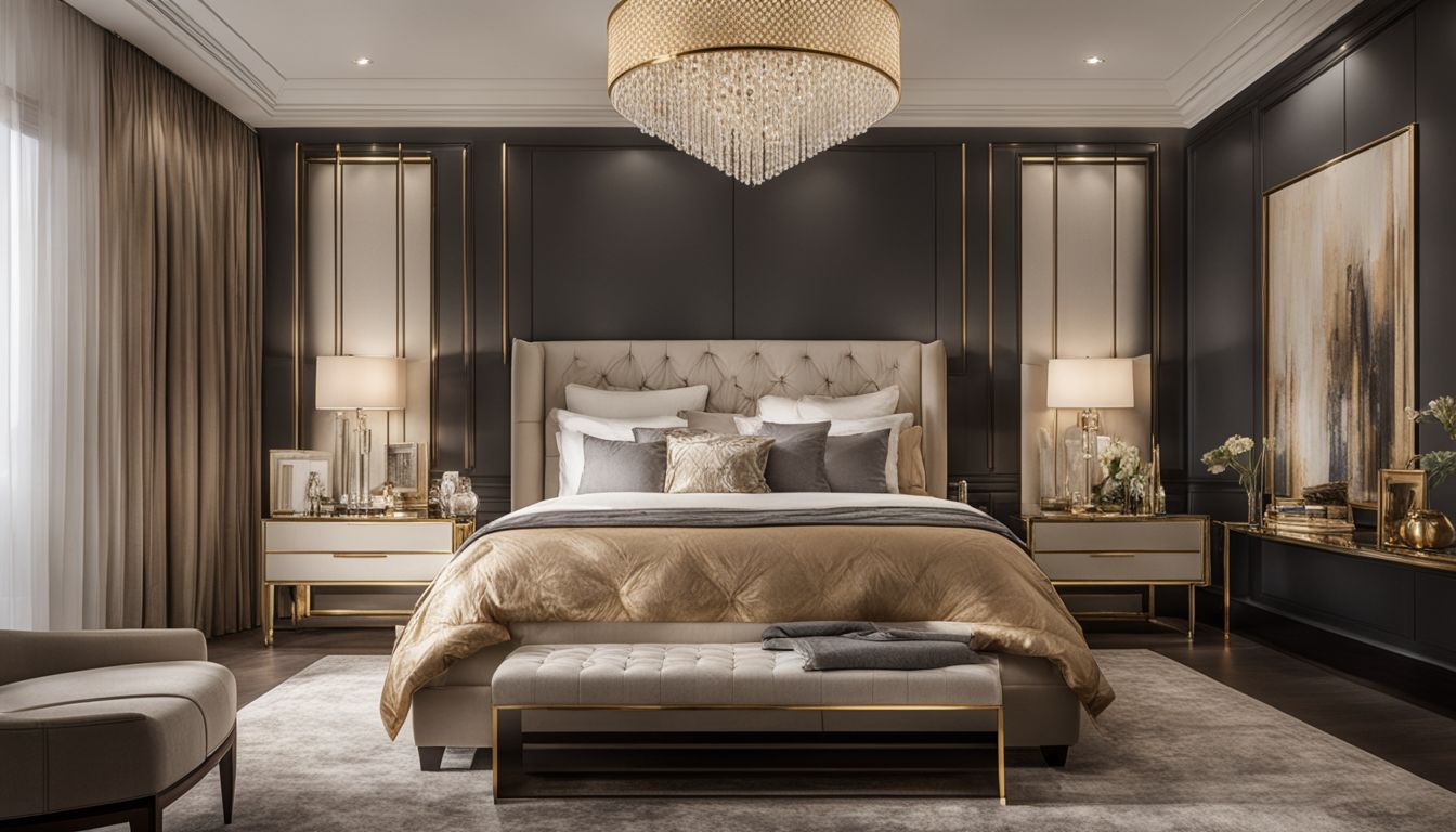 Luxurious bedroom with elegant décor and diverse people.