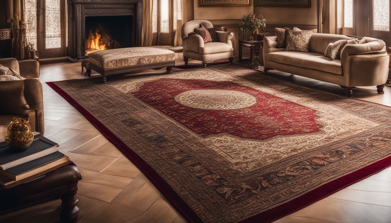 An Egyptian carpet in a luxurious living room with diverse people.