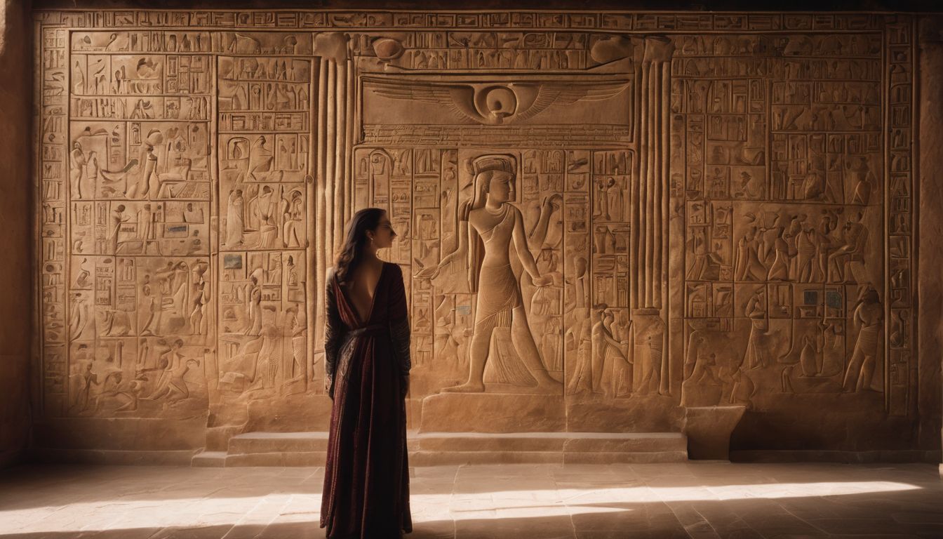 A woman poses in front of a vibrant hieroglyphic mural.