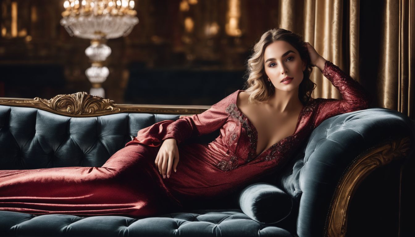 A Caucasian woman poses in various outfits and hairstyles on a luxurious couch.