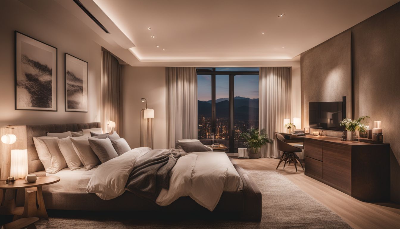 Cozy bedroom with diverse people and stylish outfits.
