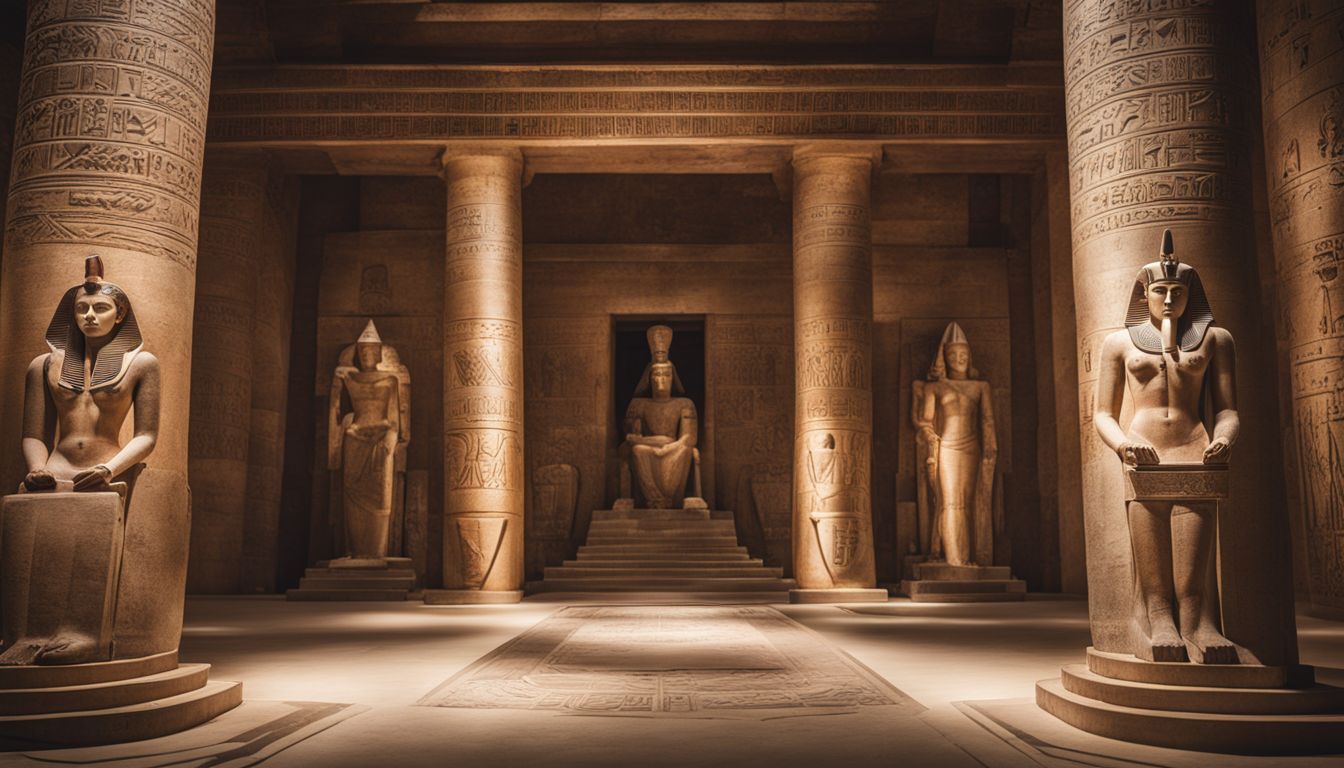Photo of Ancient Egyptian symbols in a bustling temple-like setting.