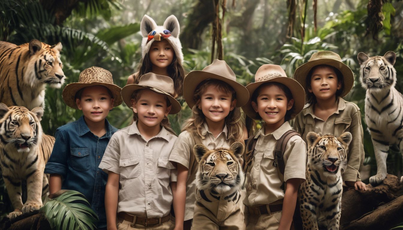 A diverse group of children wearing animal masks in a jungle-themed setting.