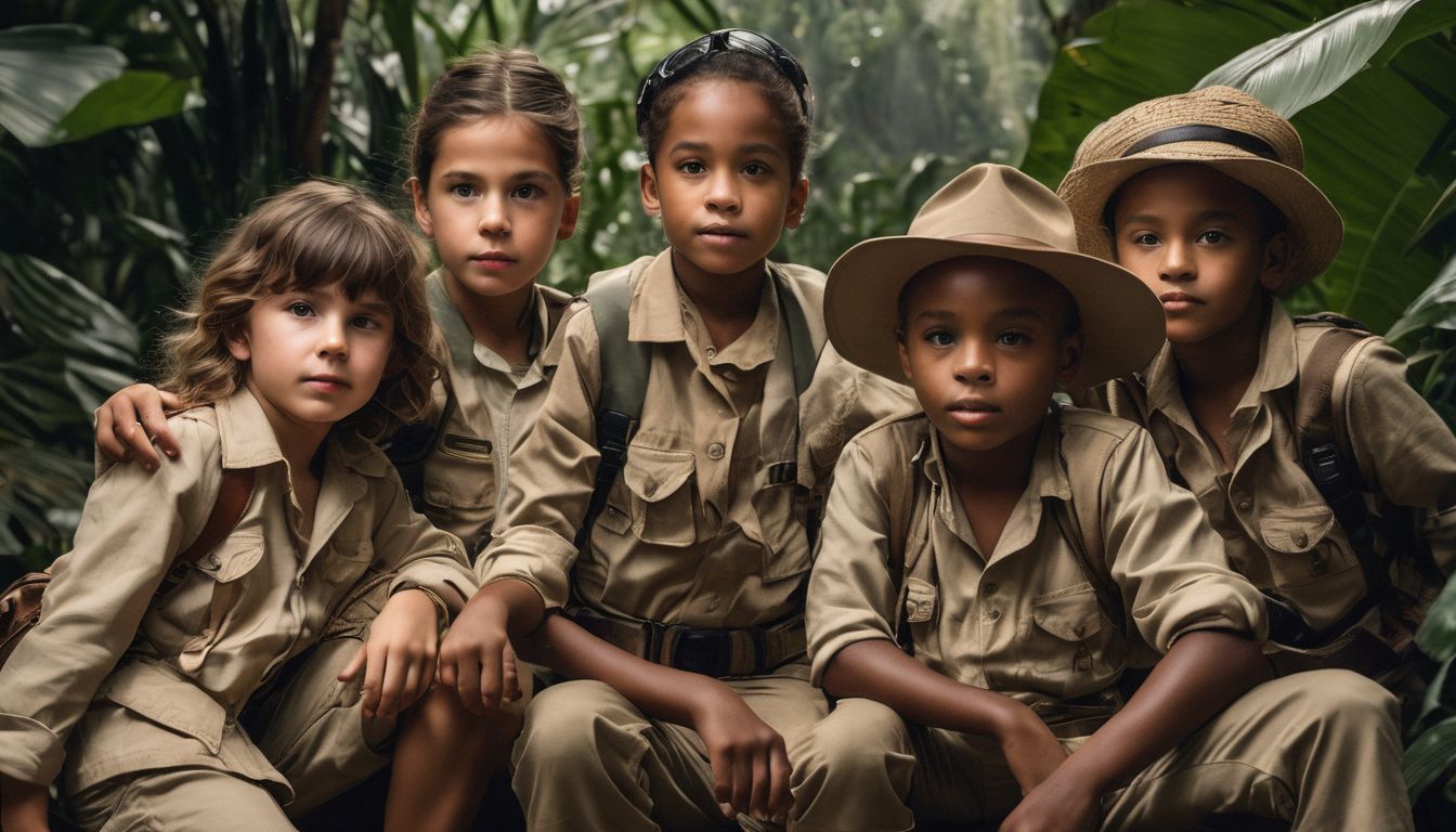 Children dressed in safari outfits exploring a jungle-themed living room.