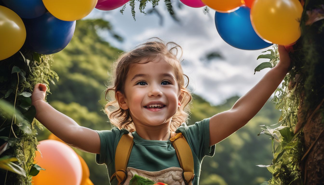 A happy child reaching for a colorful balloon arch at a jungle-themed party.