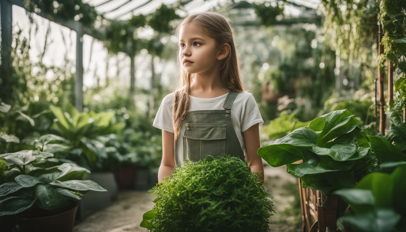 A young girl surrounded by artificial greenery and money plants in a garden.