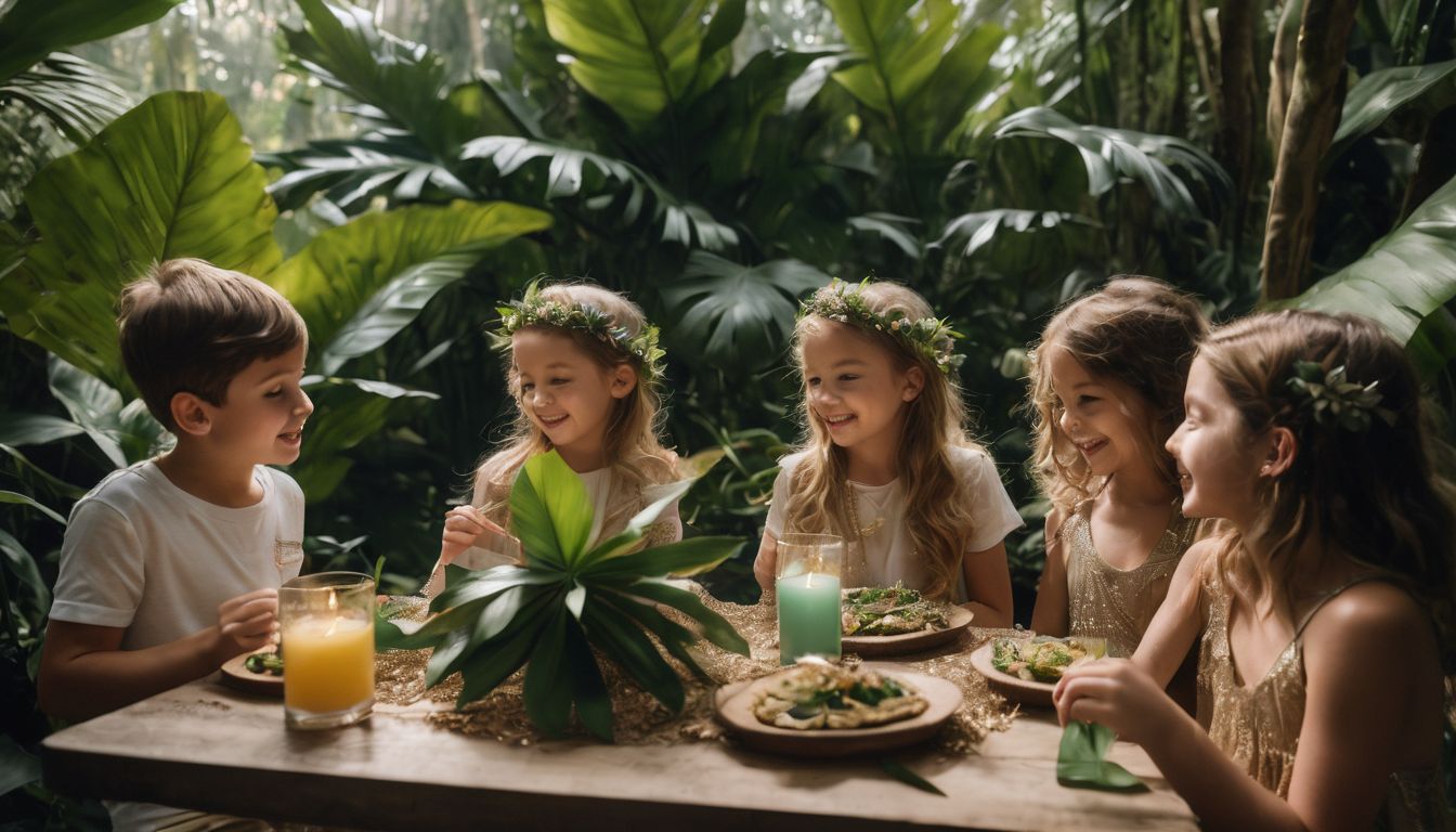 Children in a jungle-themed party surrounded by decorations, having fun.