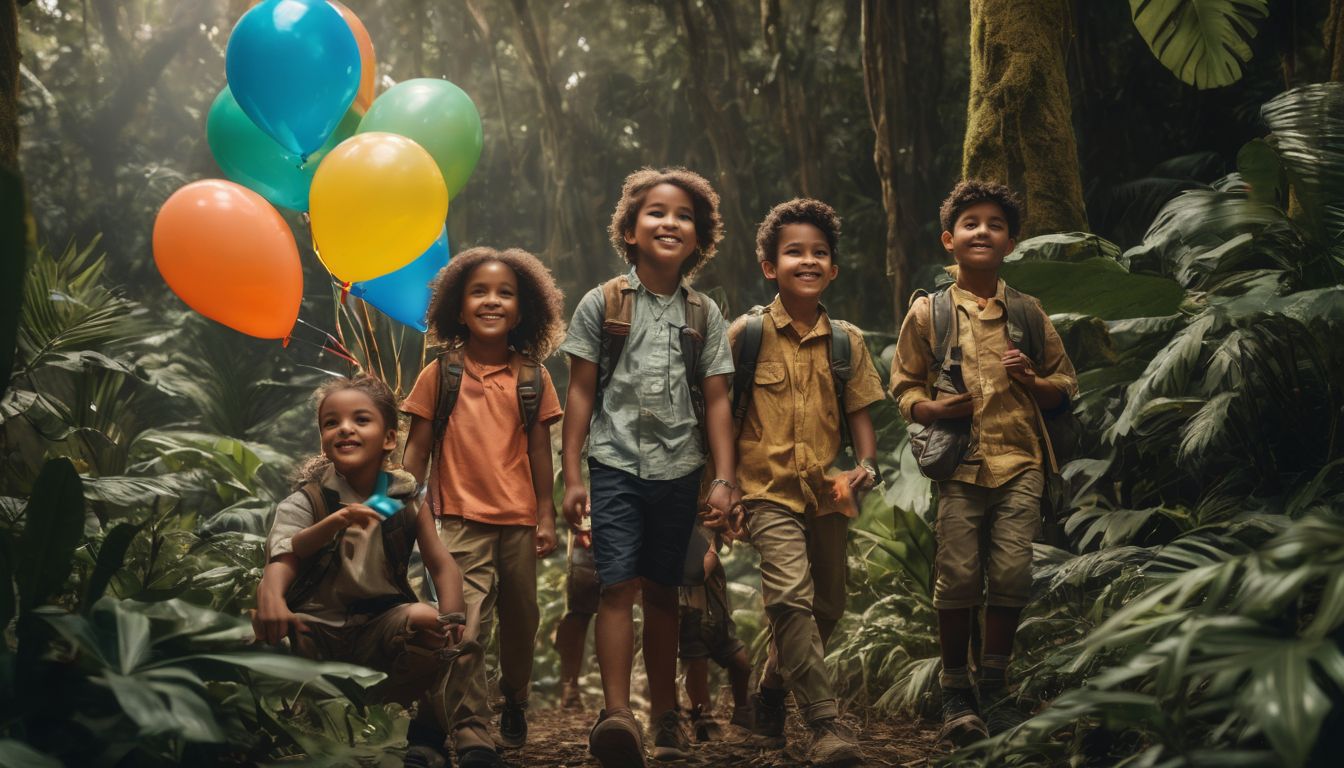 A group of children with jungle-themed and number foil balloons.