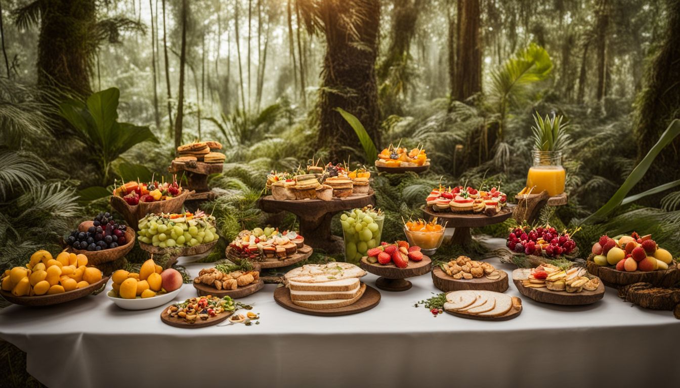 A vibrant jungle-themed buffet table with colorful food and decorations.