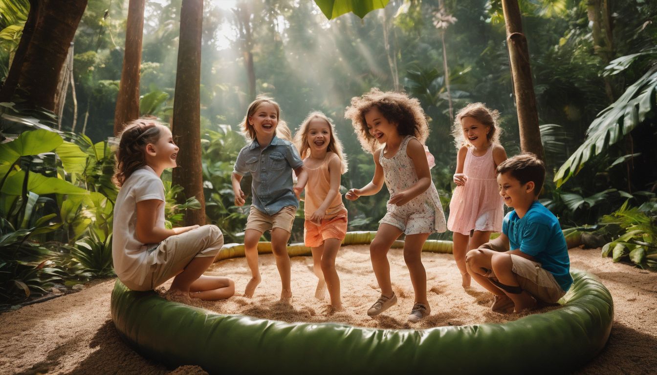 A diverse group of children happily playing in a colorful jungle-themed play area.