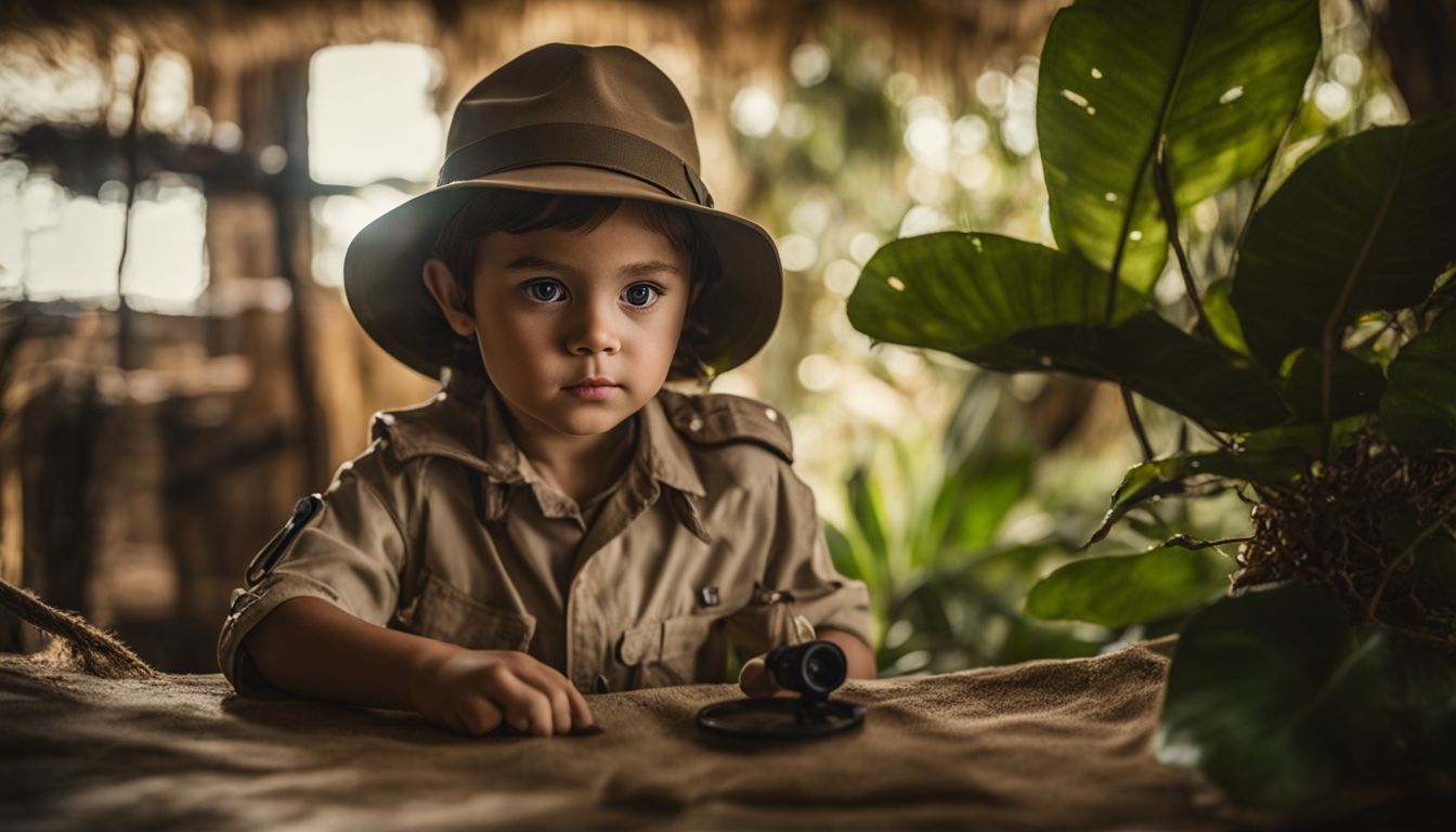 A child dressed as a safari explorer exploring a jungle-themed room.