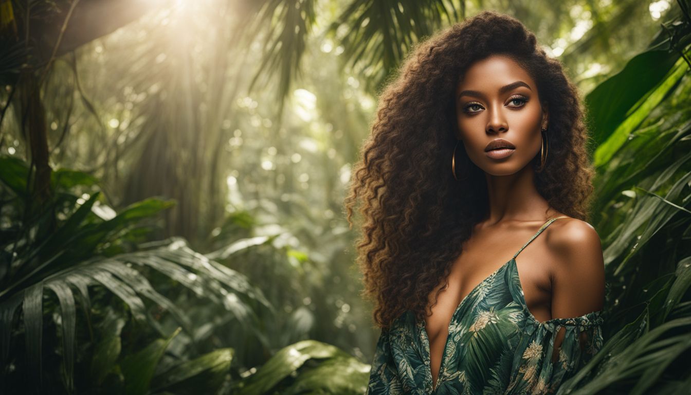 A model in a vibrant jungle with various outfits and poses.
