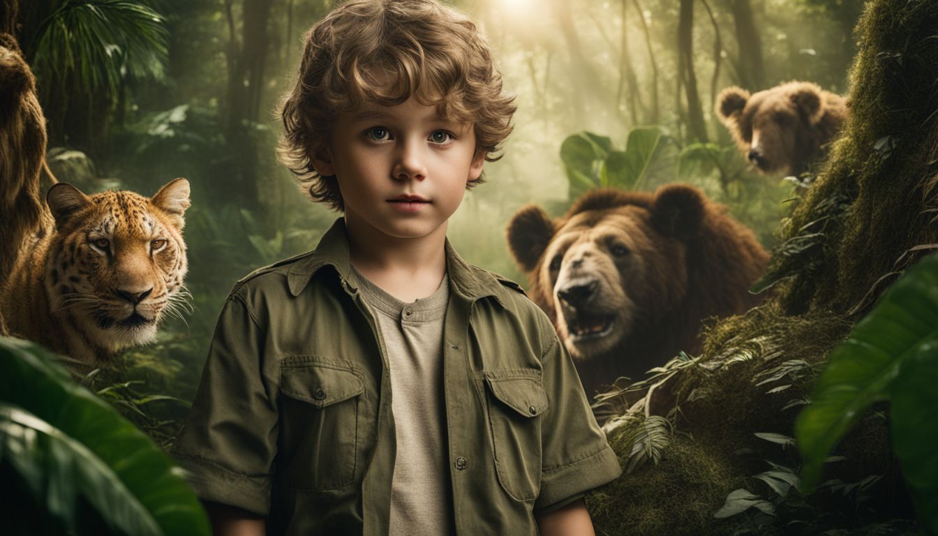 A young Caucasian boy surrounded by jungle animal cut-outs in a well-lit forest setting.