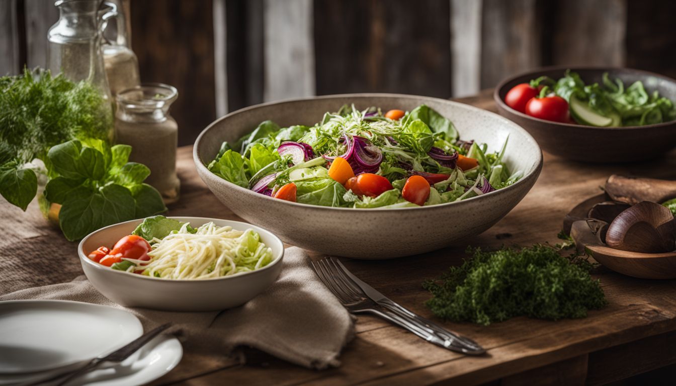 A photo of a vibrant salad bowl surrounded by people at a wooden table.
